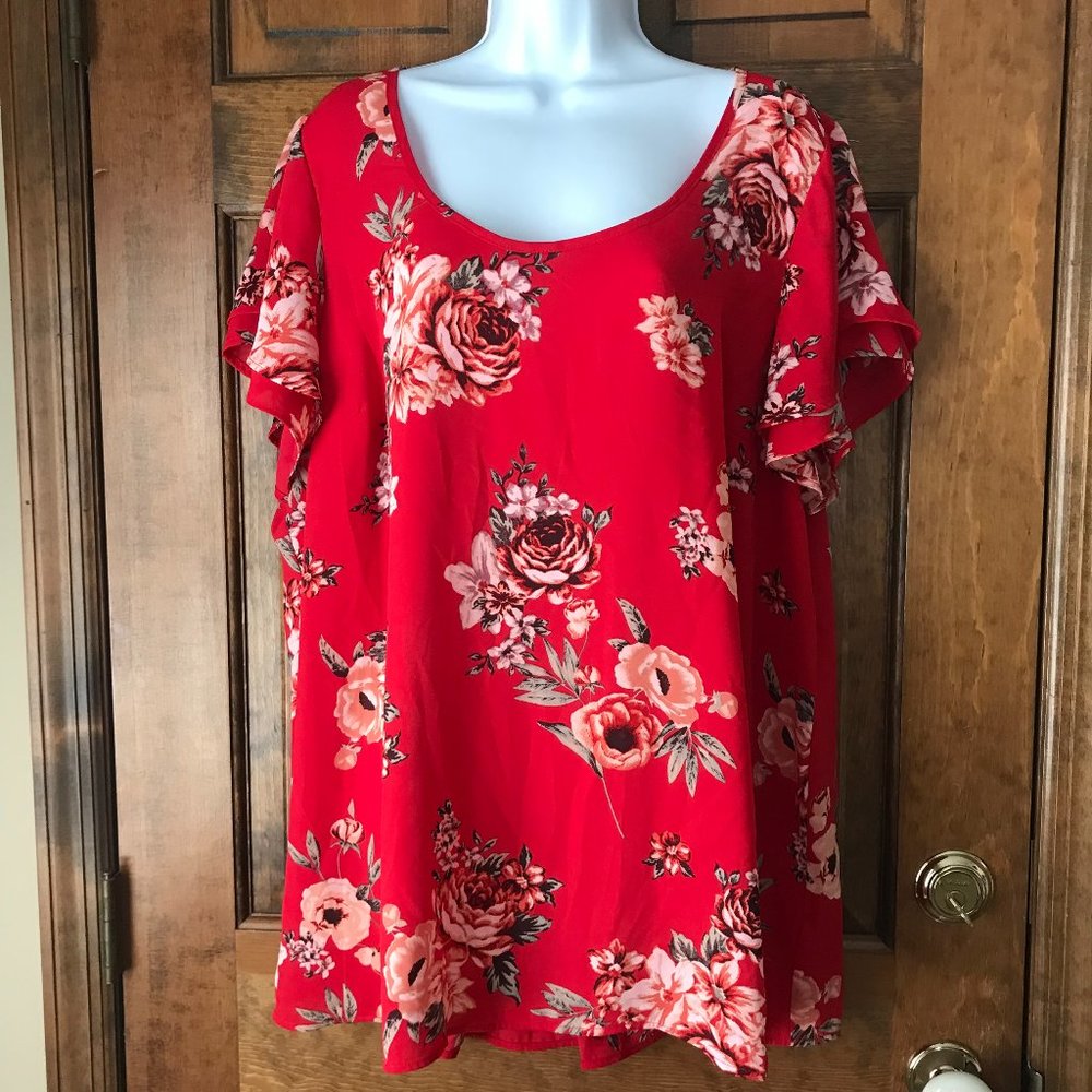 Torrid Red w/Pink & Peach Roses Tunic Blouse w/Double Cap Sleeves Size 2